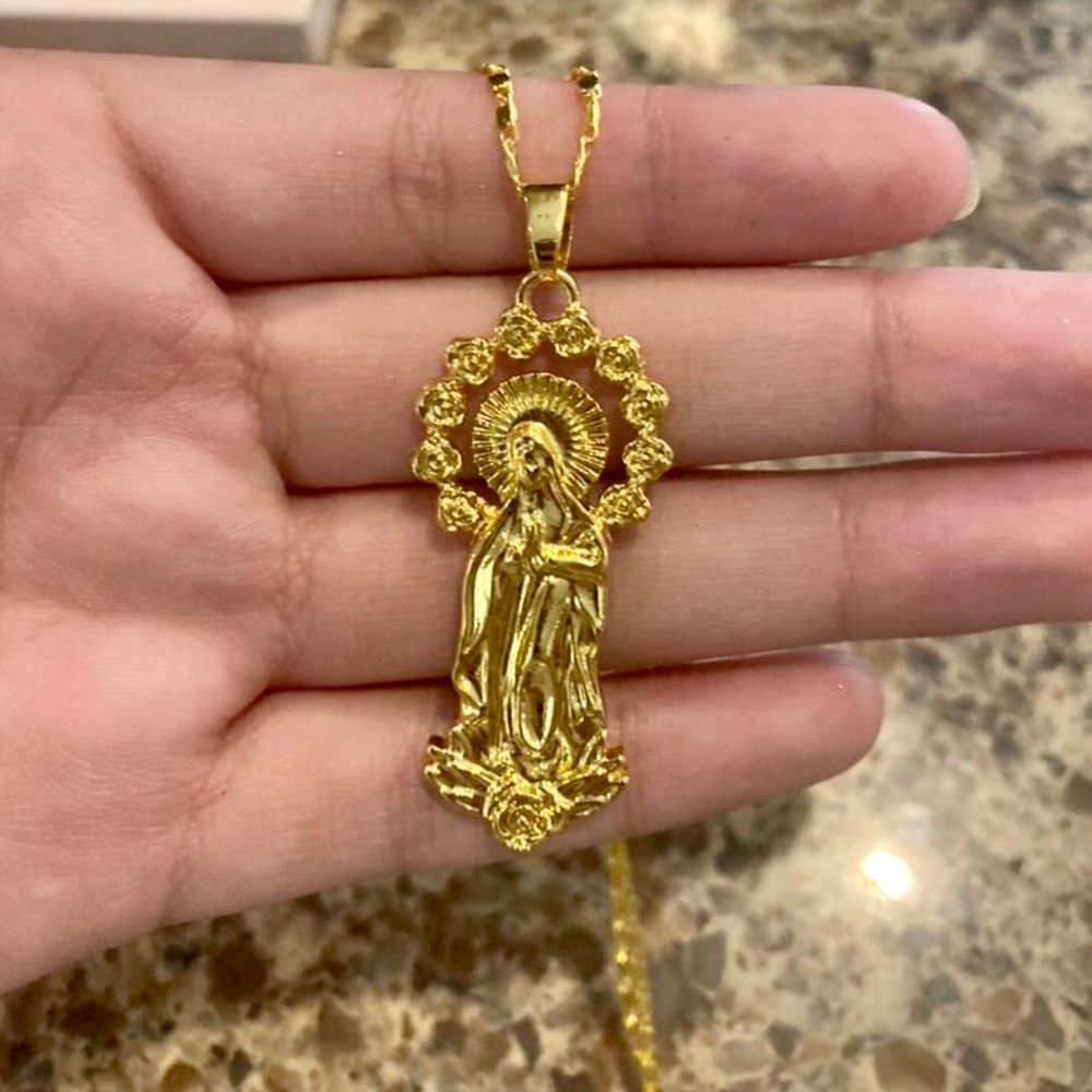 14k Gold Plated Womens Mens Link Chain And Virgin Mary Pendant Necklace 18” - Picture 10 of 16